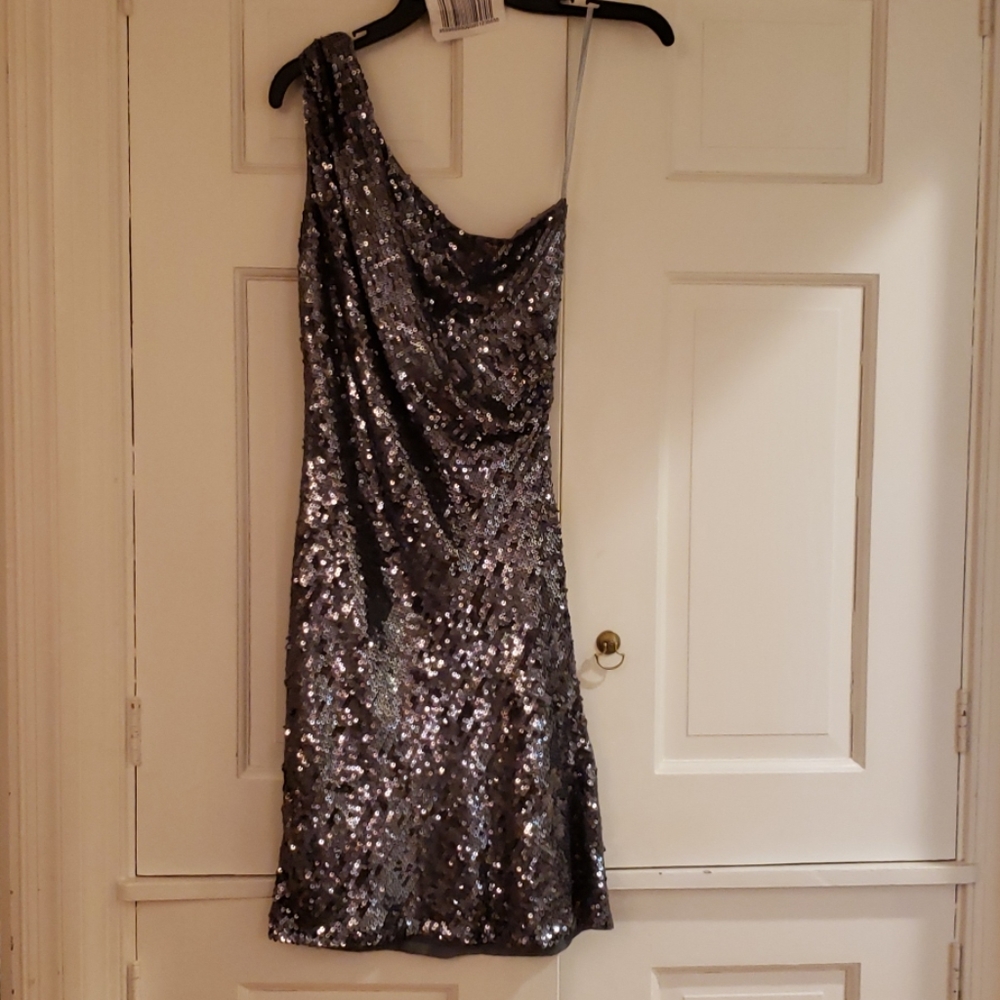 Abs One Shoulder Silver Sequin Dress